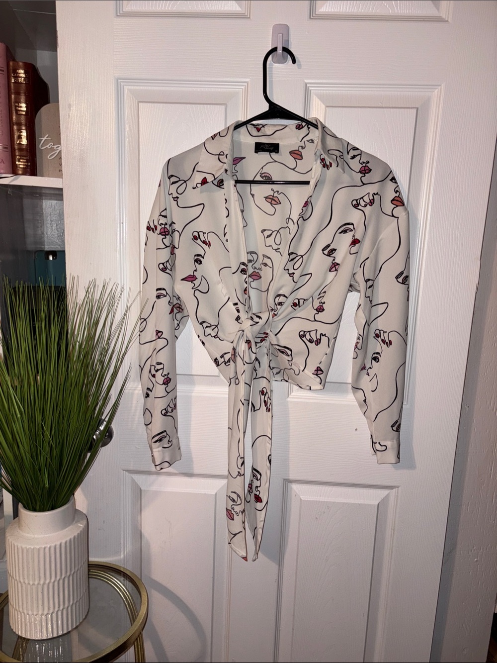 Abstract Face Tie-Front Button-Down Shirt in White with Pink Accents